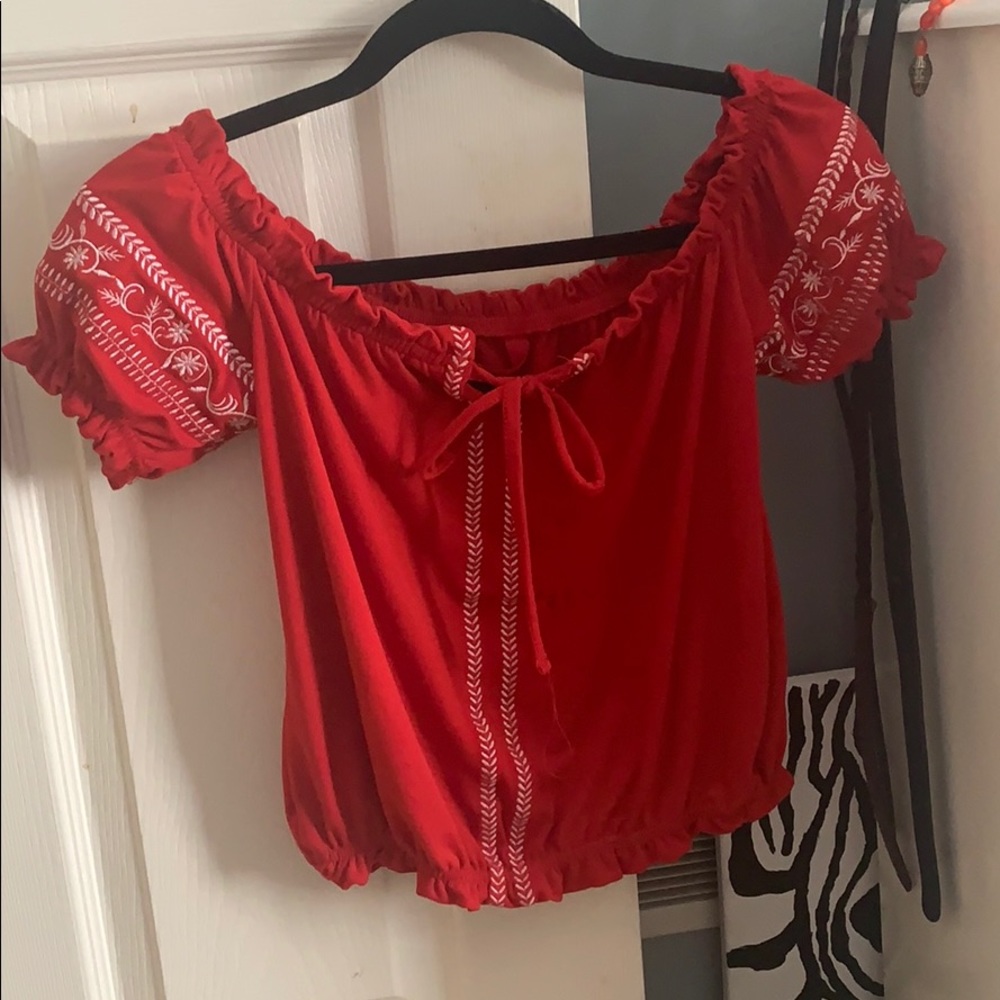 off the shoulder red blouse